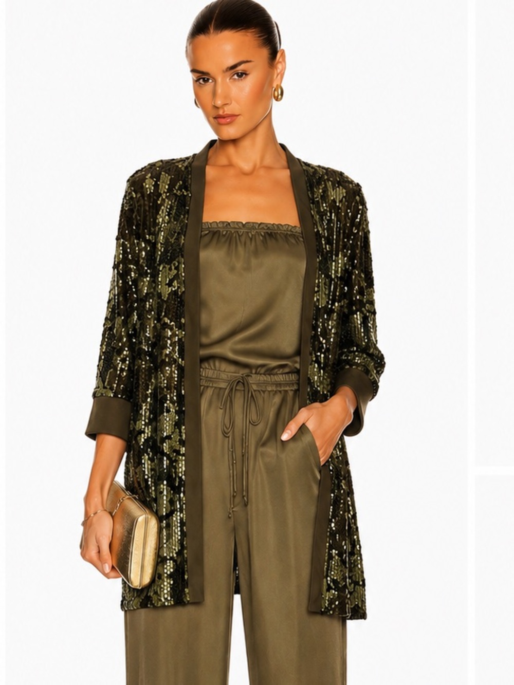 Dixie Olive Green Sequin Open Front Jacket/Cardigan – Made in Italy – Size M